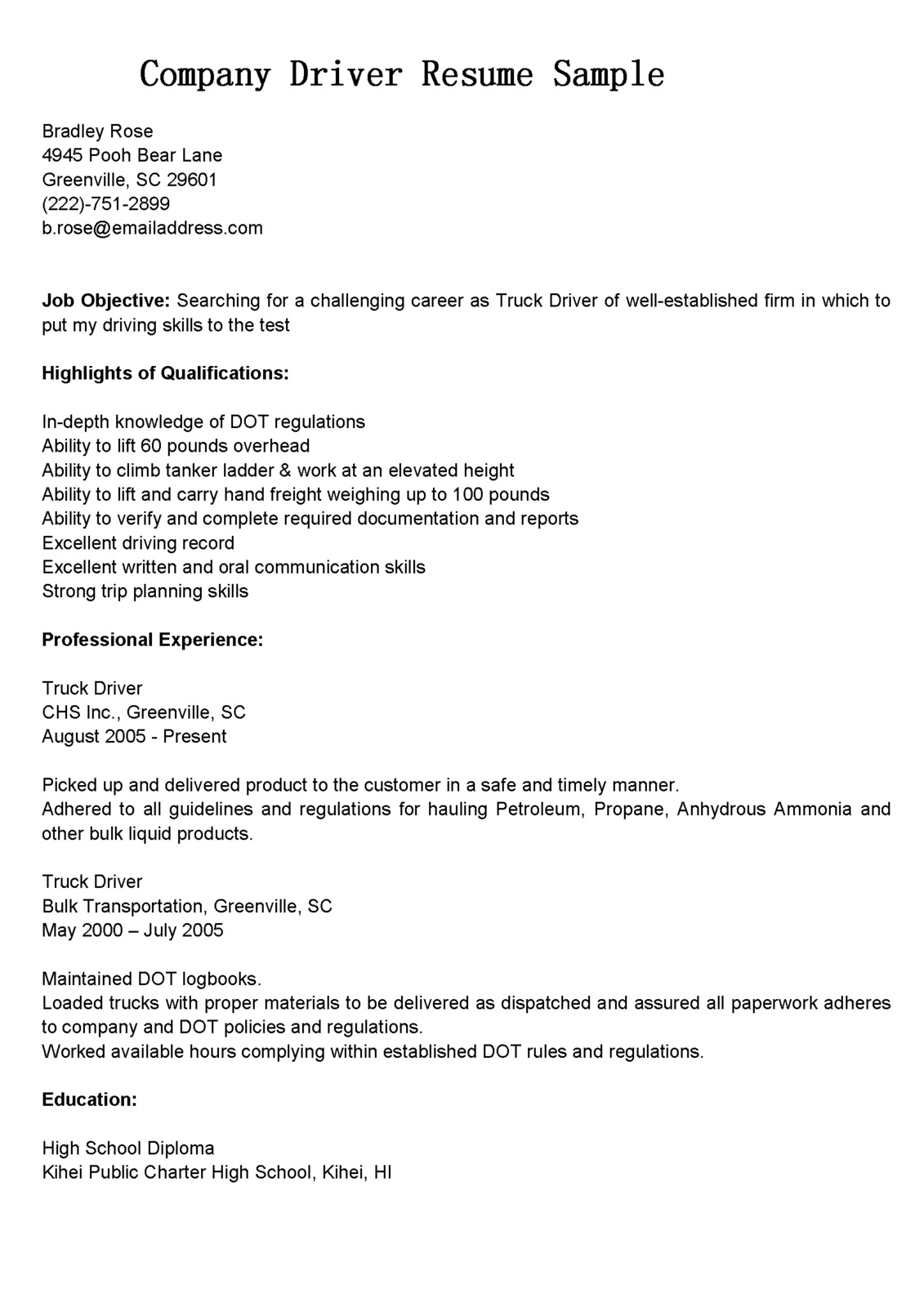 Sample resume company description